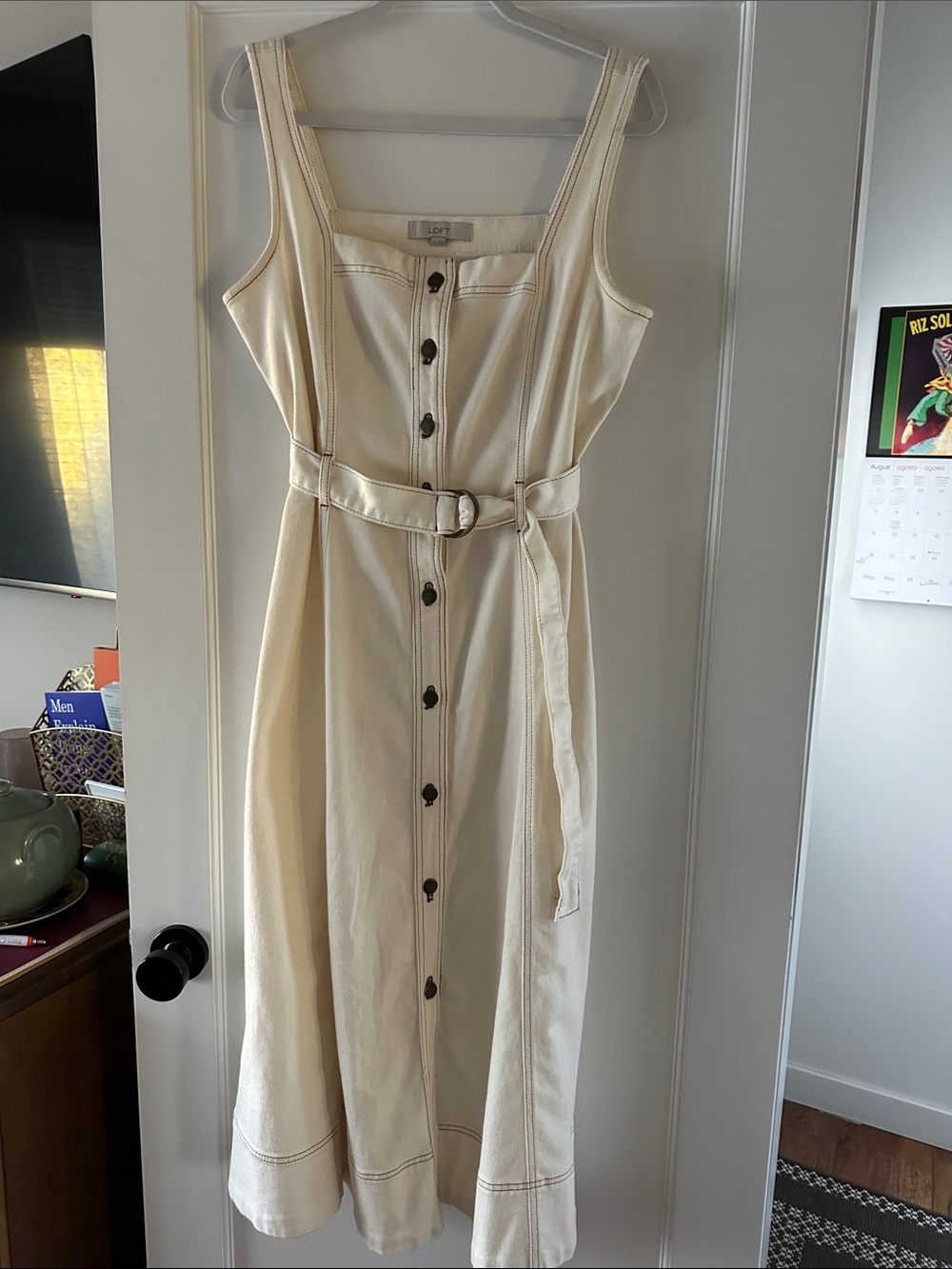 LOFT Cream Button-Down Midi Dress with Waist Tie